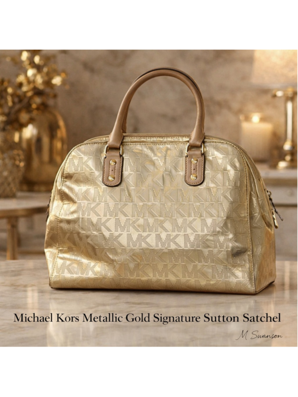 Michael Kors Metallic Gold Signature Sutton Bowler Satchel Patent MK Logo